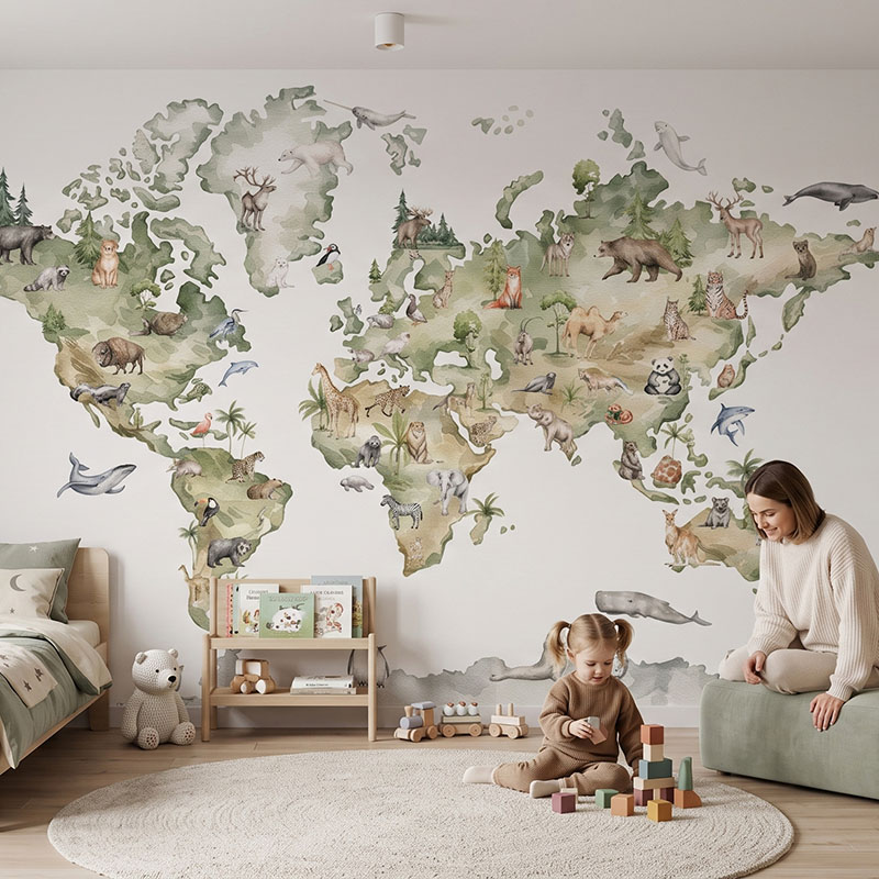 Fototapeta Mapa Świata ze zwierzętami